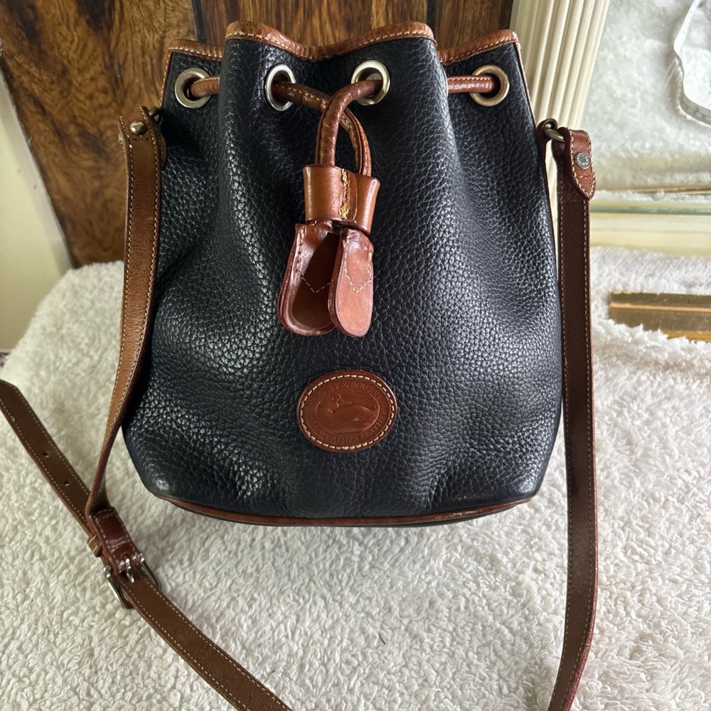 Dooney & Bourke Black/Brown Leather Saffiano Drawstring Bucket Bag Purse